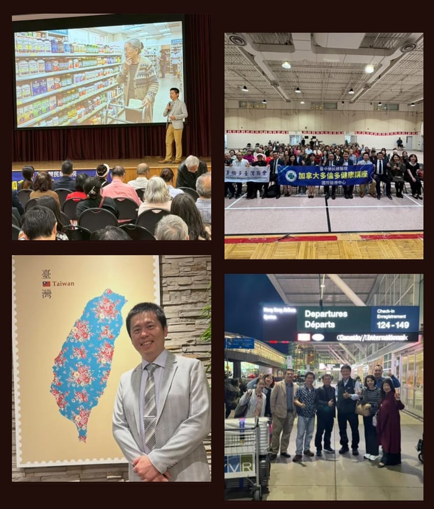 Dr. Cheng-Min Shih giving a health talk in Toronto, Canada, with photos with the local Taiwanese community and a group photo at the airport